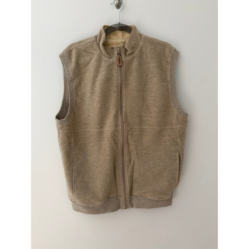 Straight Down Mens Full Zip Vest Tan Heather Mock Neck Made in USA 1990s Large